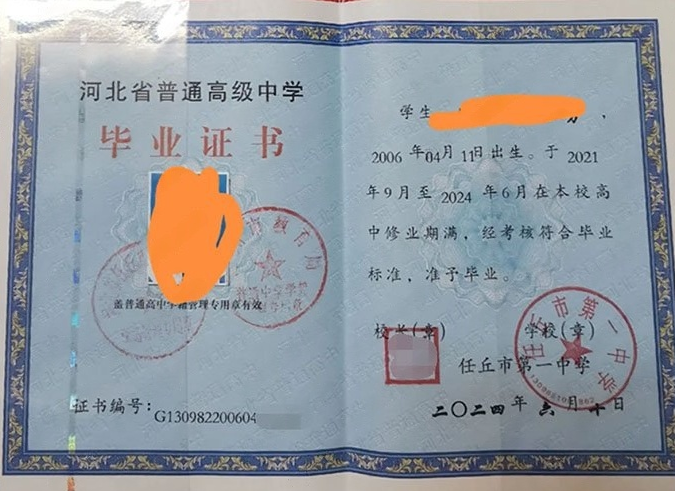 惠城任丘市第一中学高中毕业证样本图片